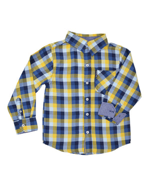Boys' Blue/Yellow Plaid Gingham Button-Down Shirt (Sizes 4-7)