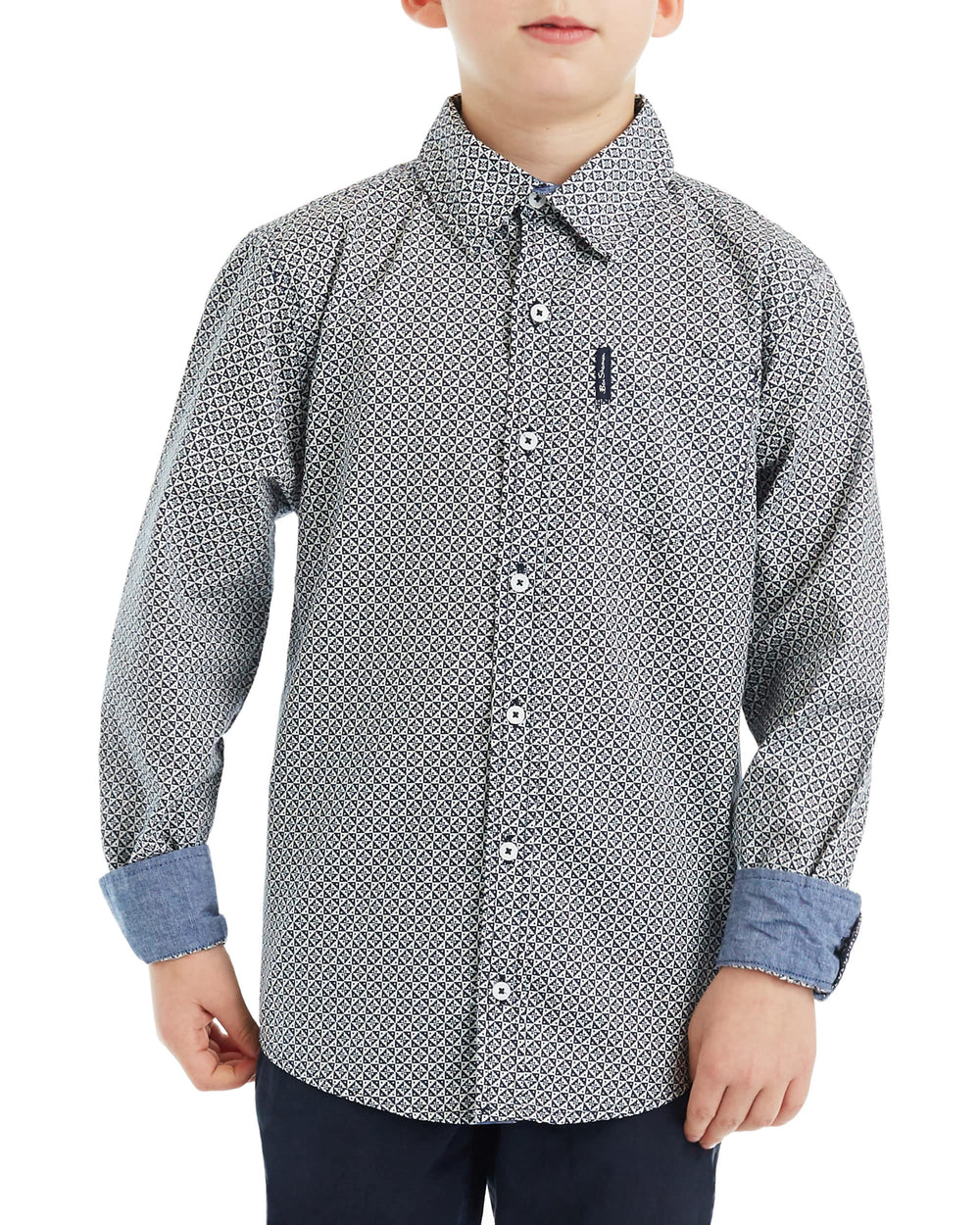 Boys' Navy/White Long-Sleeve Triangle Print Button-Down Shirt (Sizes 8-18)