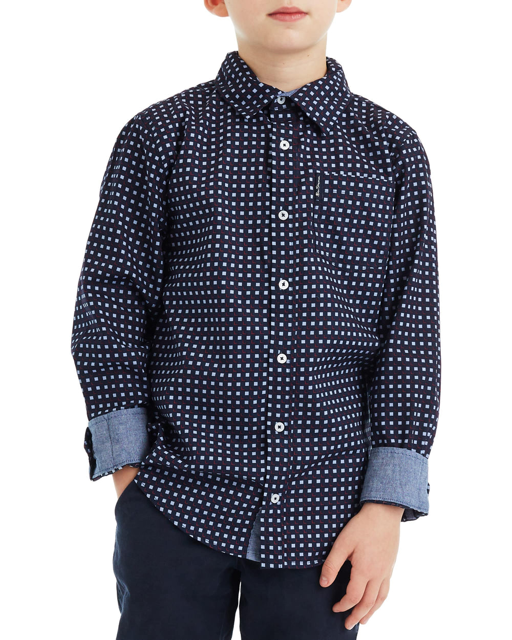 Boys' Navy Long-Sleeve Square Print Button-Down Shirt (Sizes 8-18)