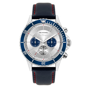 Men's Multifunction Leather Strap Watch, 44mm - Navy/White/Silver