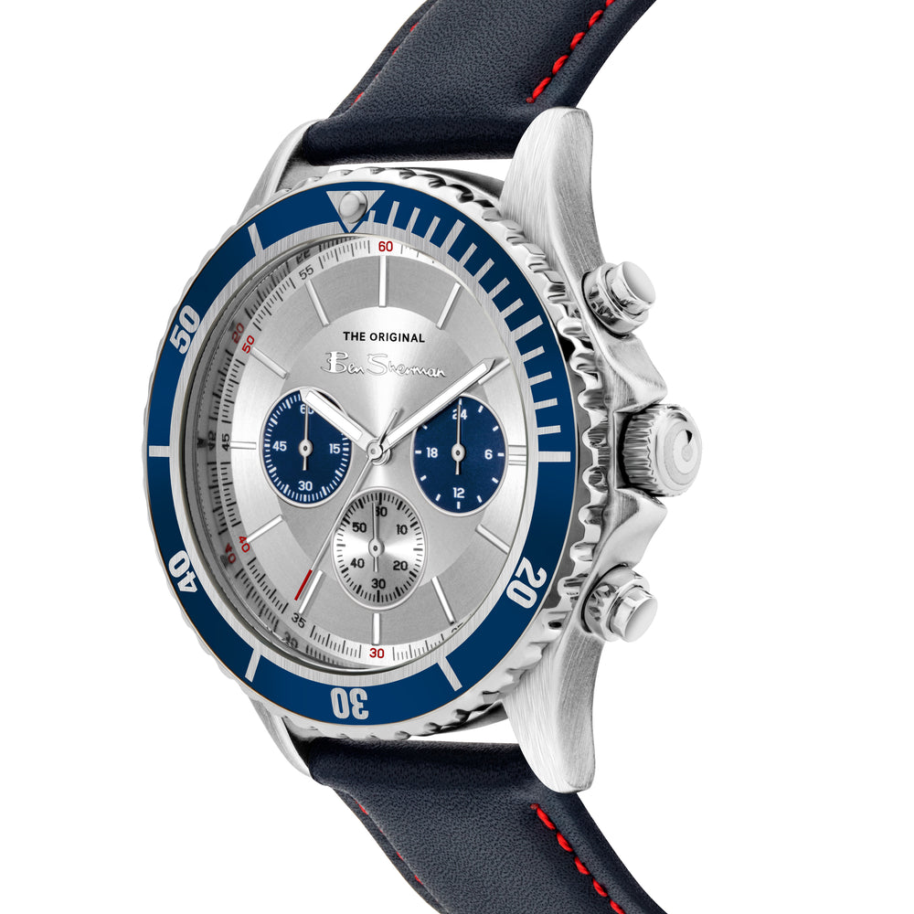Men's Multifunction Leather Strap Watch, 44mm - Navy/White/Silver