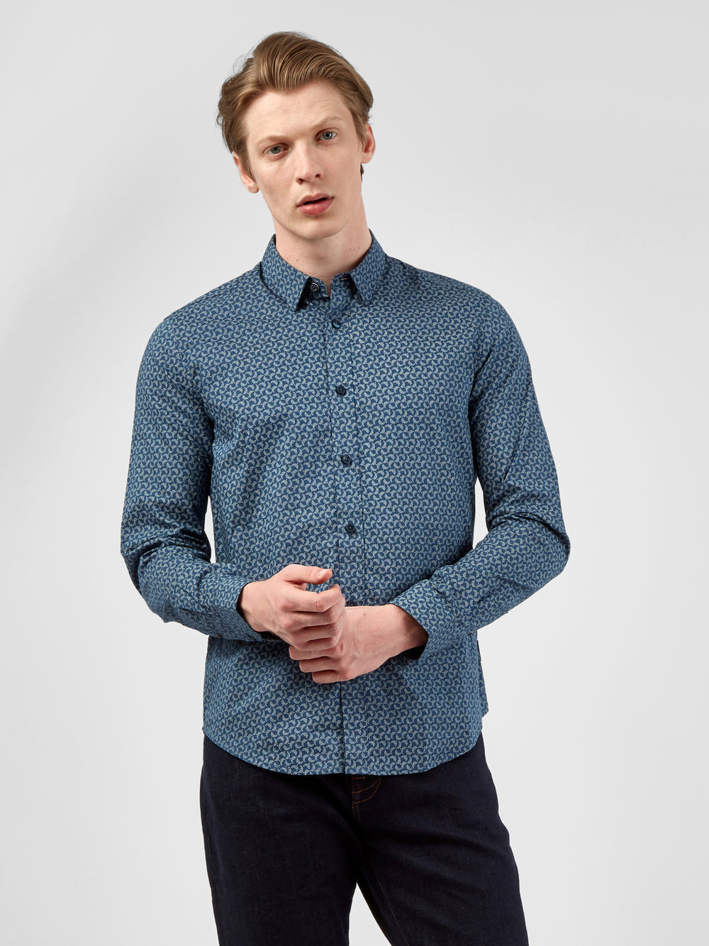 Long-Sleeve Stipple-Print Shirt - Dark Blue