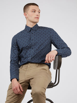 Long-Sleeve Retro Spot-Print Shirt - Dark Blue