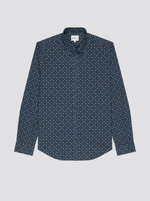 Long-Sleeve Retro Spot-Print Shirt - Dark Blue