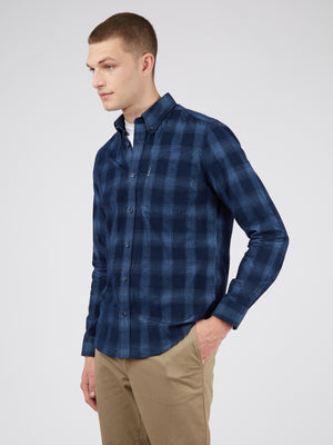 Long-Sleeve Corduroy Ombre Check Shirt - Dark Blue