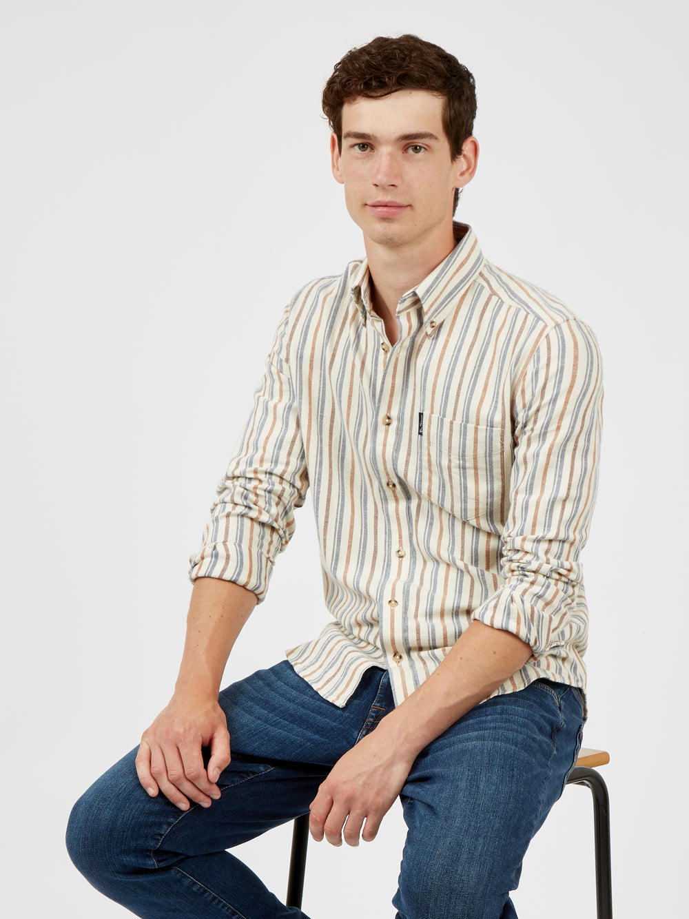 Long-Sleeve Brushed Vertical-Stripe Shirt - Ivory