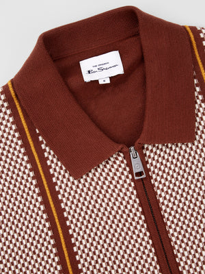 Short-Sleeve Jacquard Zip-Through Knit Polo - Coffee