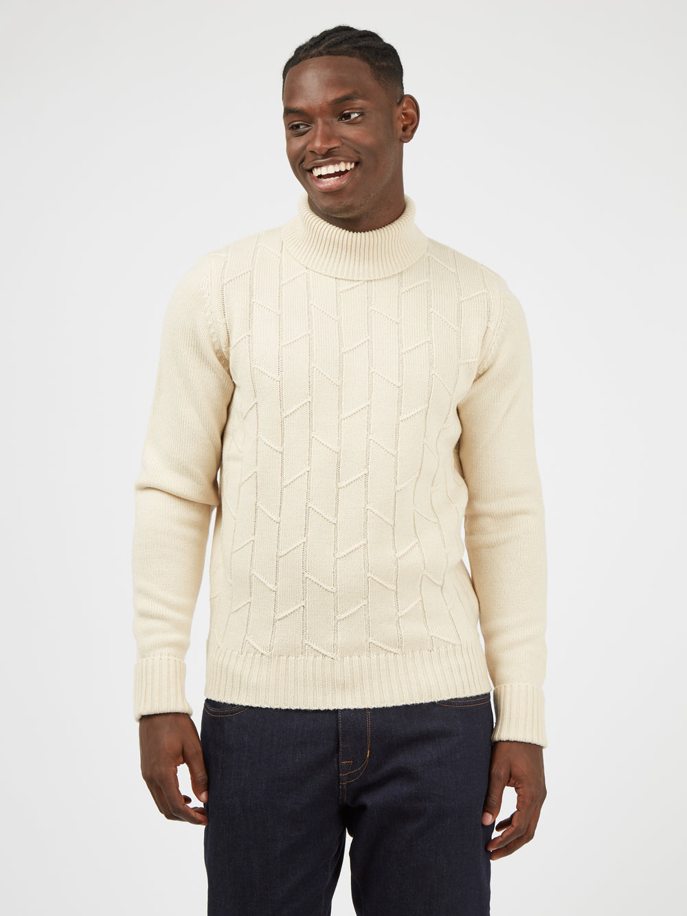 Patterned Knit Roll-Neck Sweater - Ivory - Ben Sherman