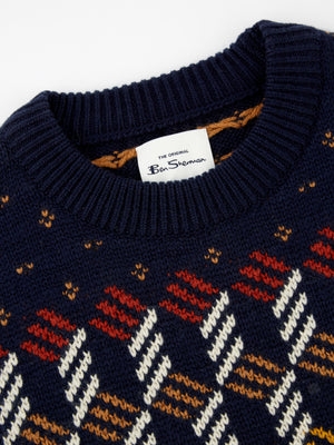 Yoke Fairisle Crewneck Knit Sweater - Marine