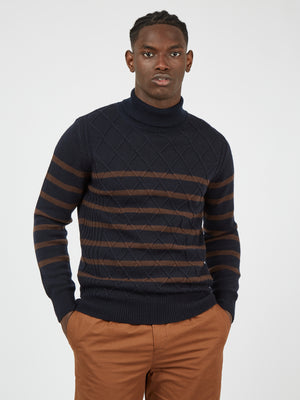 Textured Striped Roll-Neck Sweater - Dark Navy