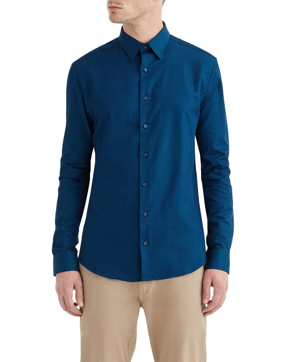 Teal & Navy Solid Dobby Slim Fit Dress Shirt
