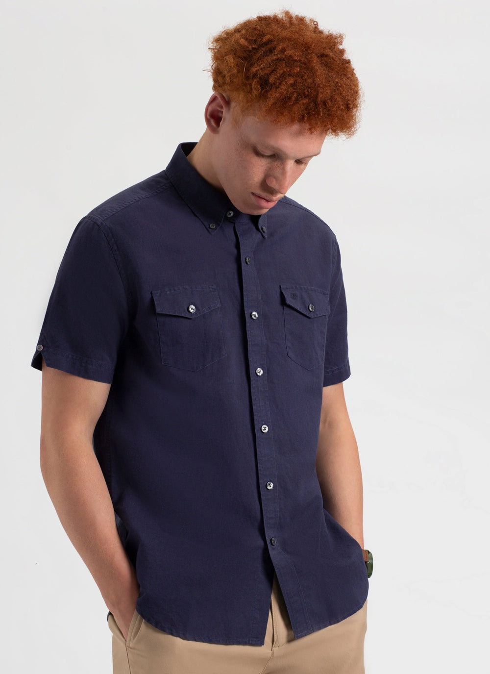 Garment Dye Short-Sleeve Linen Shirt - Navy