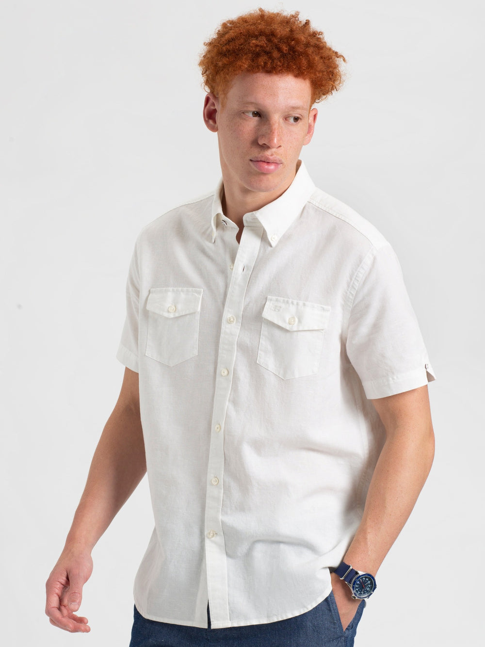 Garment Dye Short-Sleeve Linen Shirt - White