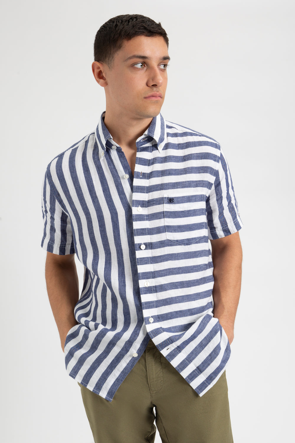 B by Ben Sherman Candy Stripe Linen Short Sleeve Shirt - Navy/Ecru