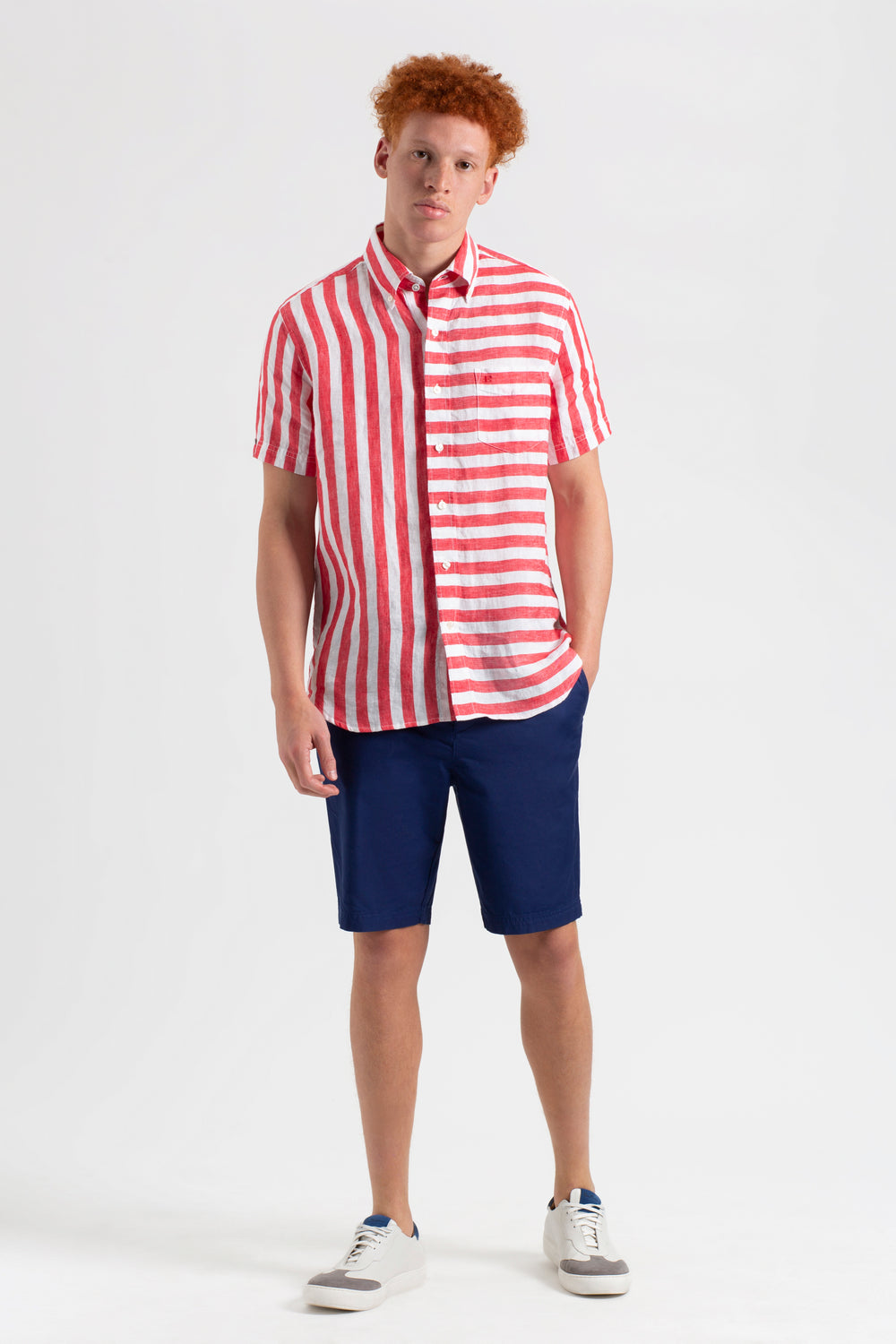B by Ben Sherman Candy Stripe Linen Short Sleeve Shirt - Red/Ecru