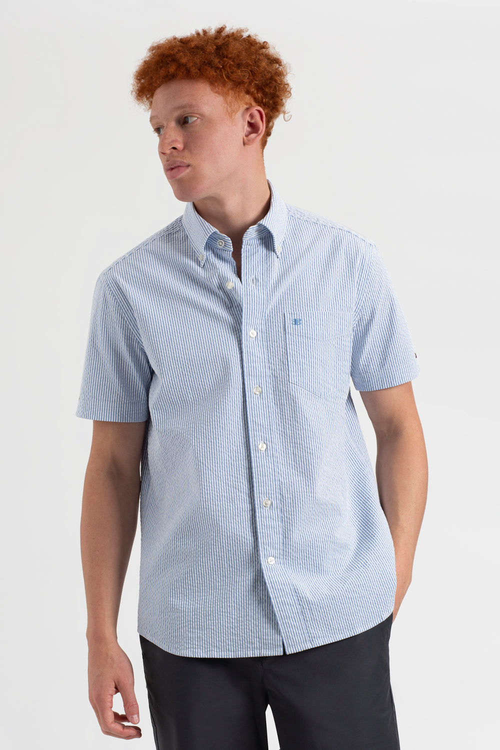 Seersucker Short Sleeve Bengal Stripe Shirt - Light Blue/Ecru
