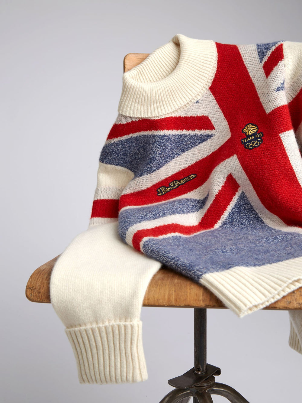 Team GB, Ben Sherman sweater, knitwear, Official 2022 Winter Olympics, Limited Edition Great Britain sweater, Beijing, GB flag, cream, on chair