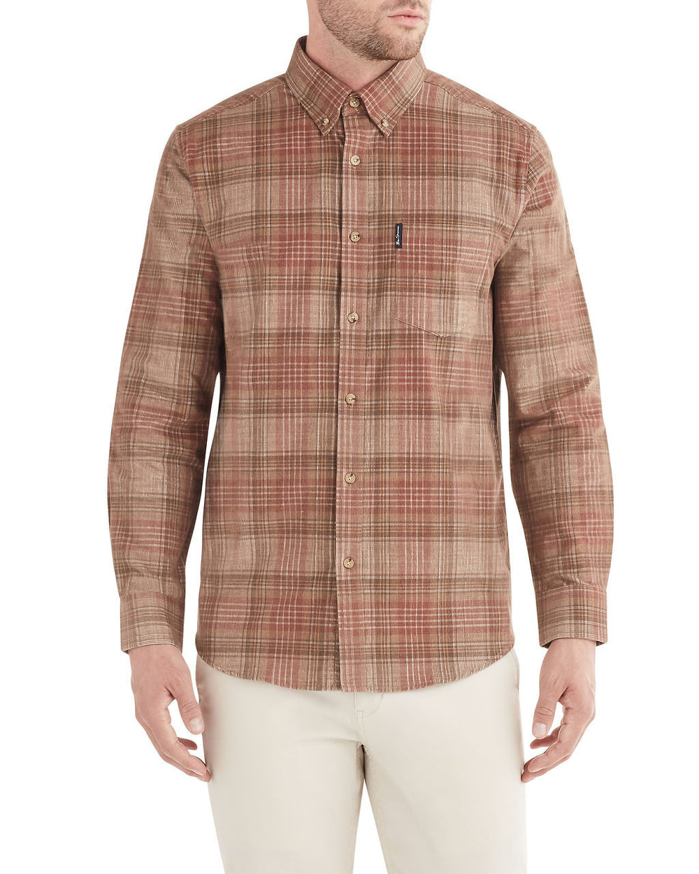Long-Sleeve Tonal Cord Plaid Shirt - Terra Cotta