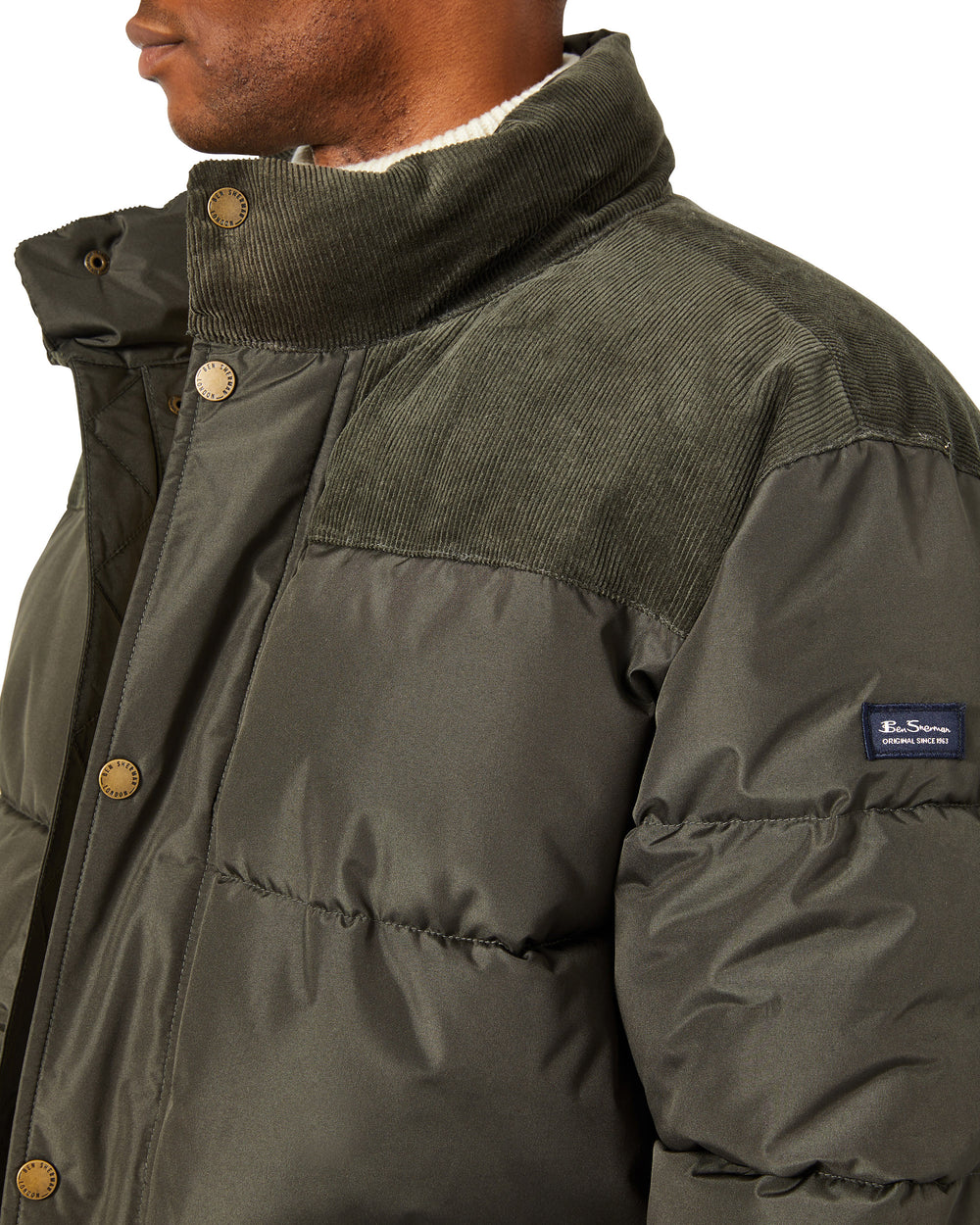 Men's Sherpa Stand Collar Puffer with Corduroy - Bark