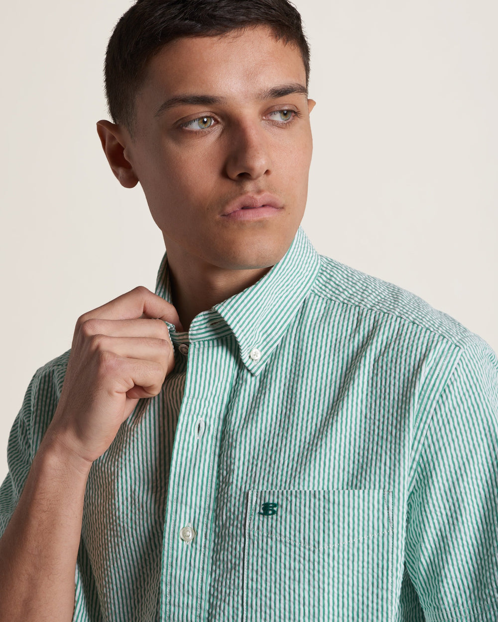 Seersucker Short Sleeve Bengal Stripe Shirt - Green/Ecru
