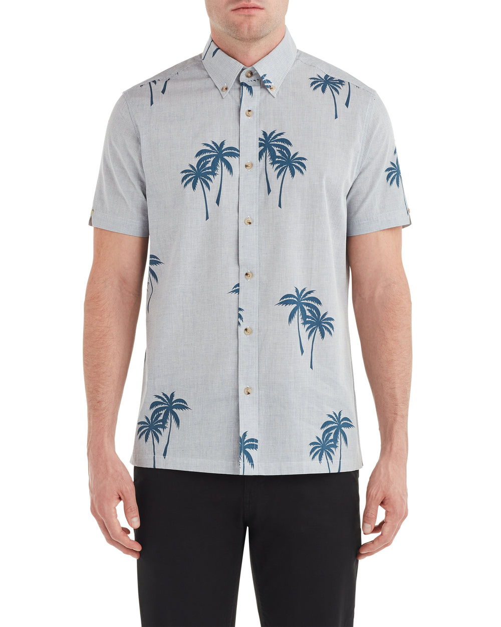 Short-Sleeve Palm Print Shirt - Dark Blue