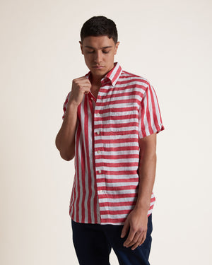 B by Ben Sherman Candy Stripe Linen Short Sleeve Shirt - Red/Ecru